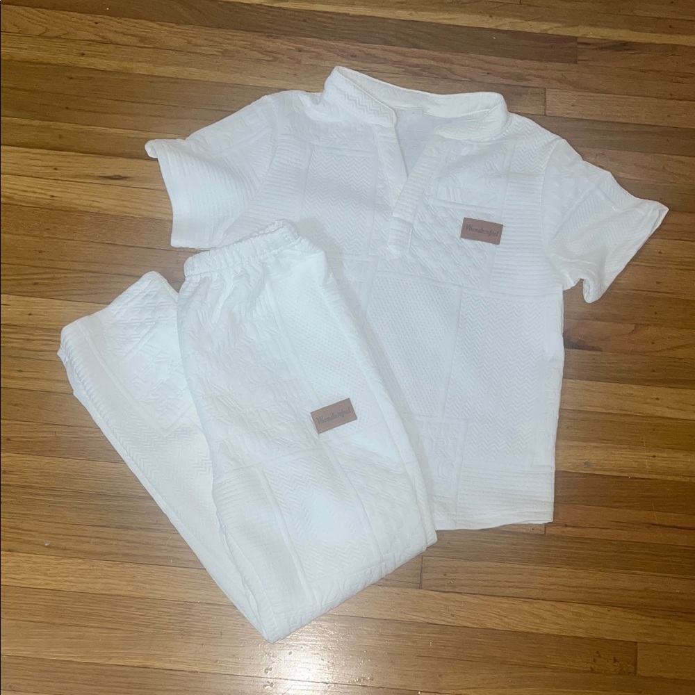 Kids White Textured Shirt and Pants Set